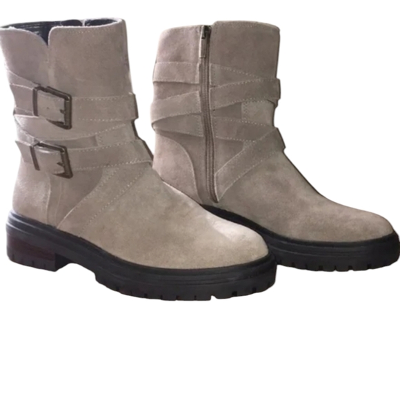 Vince Camuto moto boots, suede, taupe, zip up, buckles size 9 1/2 New - Picture 1 of 9